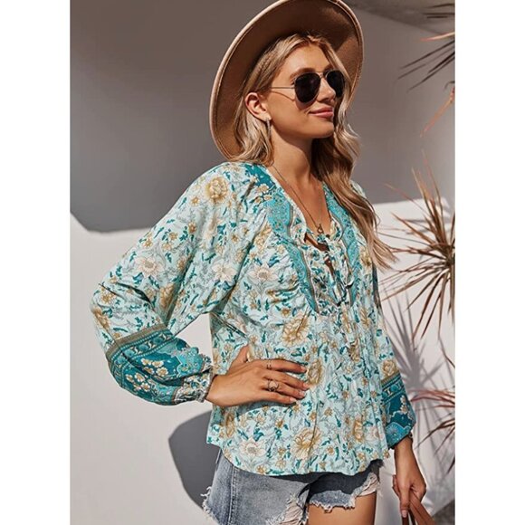 Tops - Blue Boho‎ Floral Printed Tie V-Neck Loose Flowy Long Sleeve Top Blouse